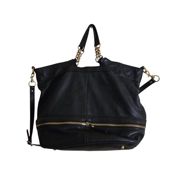 J.Crew Collection Black Leather Exhibitor Mega Tote Gold Hardware Top Handle - Picture 2 of 12